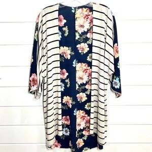 Floral Striped Open Front Cardigan Kimono Oversized Sz S Boho Cottagecore Casual